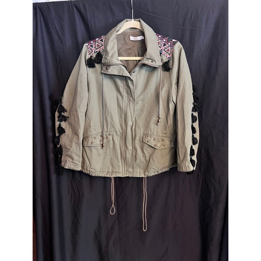 Ark n Co Army green Jacket Womens‎ Size Small geometric Tapestry & Black Tassels
